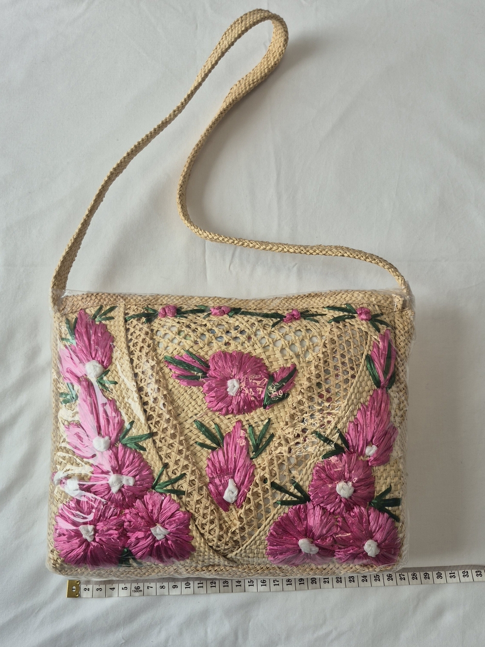 Jamaica Handmade Woven Straw Crossbody Bag Pink Floral Boho Beach - Picture 3 of 9